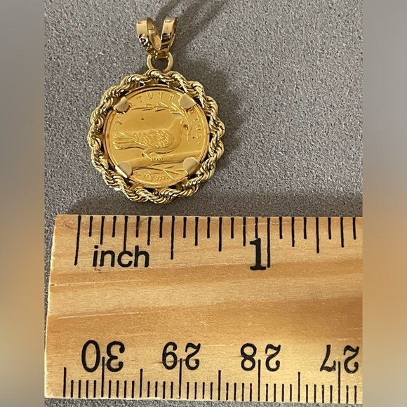 Solid 24K Yellow Gold Coin Raphael Angel & 14K Bezel Pendant Neck Chain Necklace - Picture 7 of 15